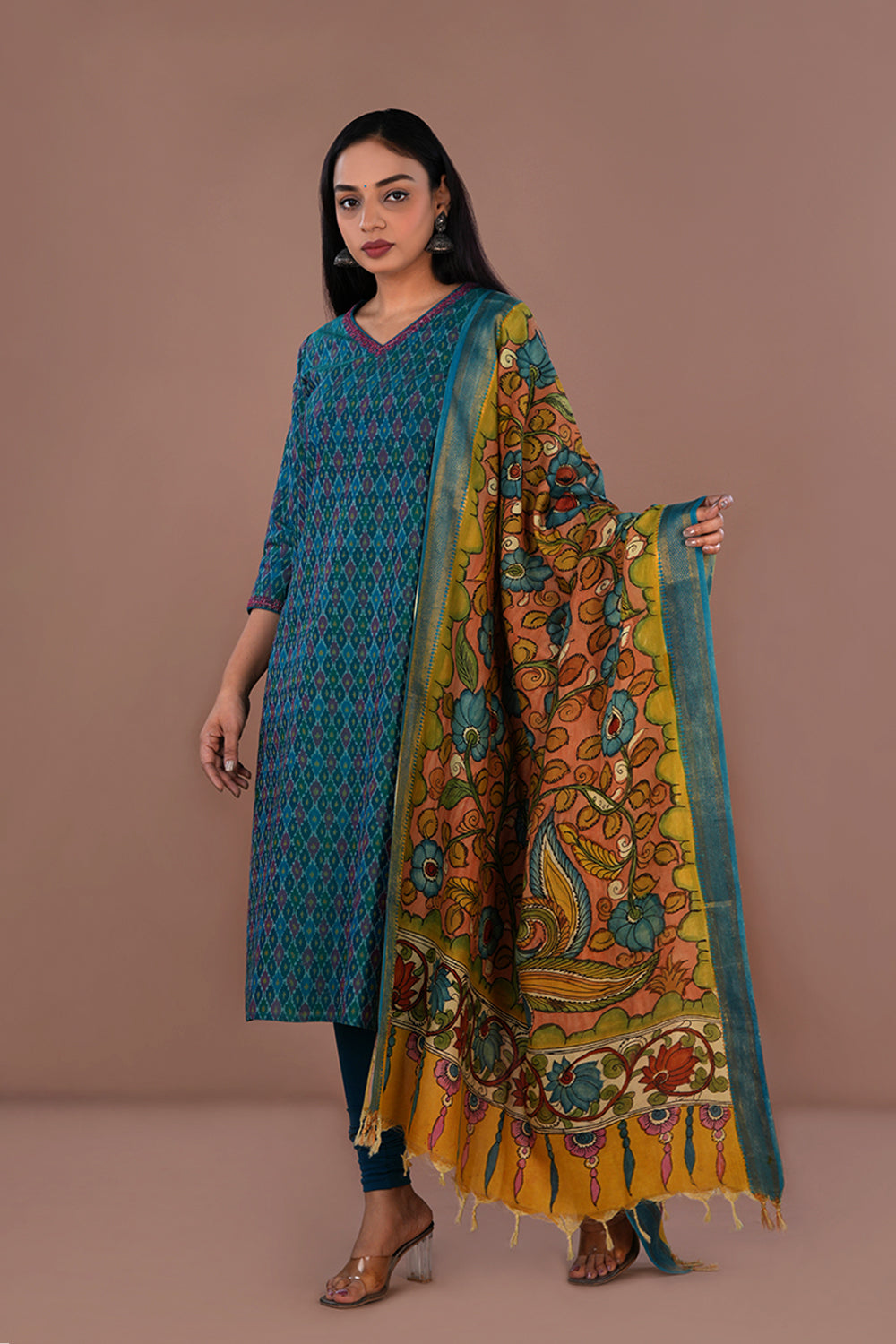 Image of Deep teal green Pochampally Silk Ikat kurti